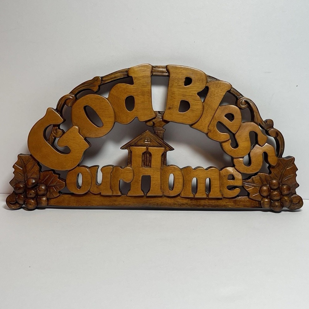 Vintage "God Bless Our Home" Wood Sign Farmhouse Wall Plaque Cottage Grandmacore